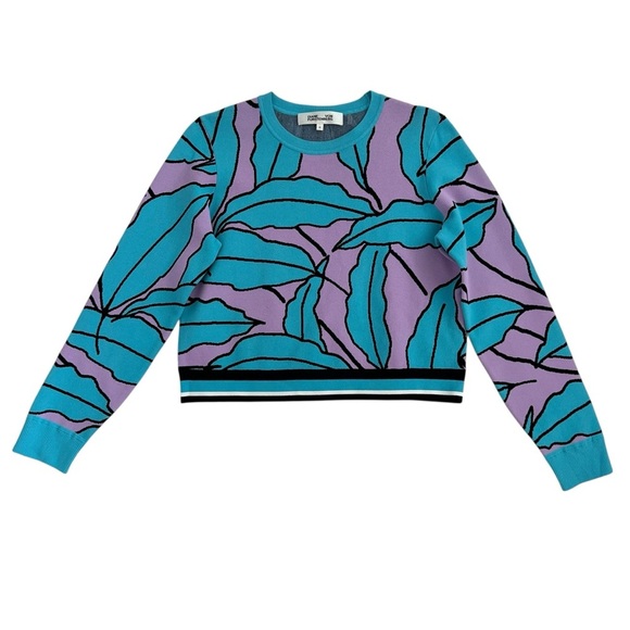 Diane Von Furstenberg Paskavan Leaf Print Cropped Sweater In Lilac Blue Size M - Picture 2 of 11